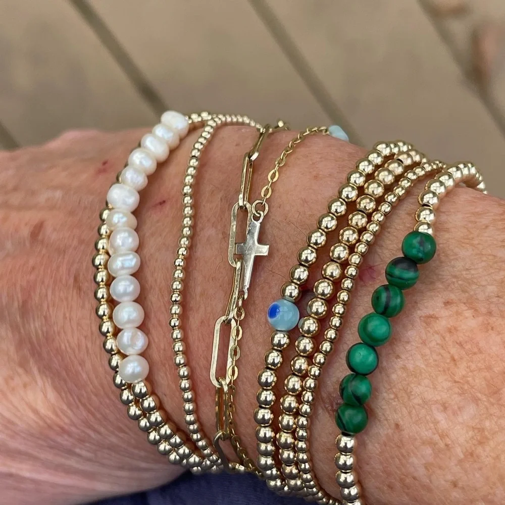 Pearl - Handmade sterling silver bead + freshwater pearl stretch bracelet - Picture 5 of 8